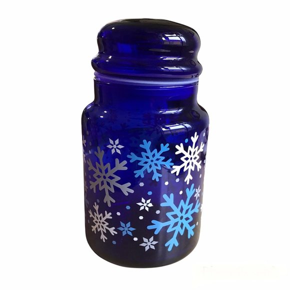 Cobalt Blue Snowflake Pattern Libbey 7" Glass Canister Apothecary Jar with Lid - Picture 3 of 7